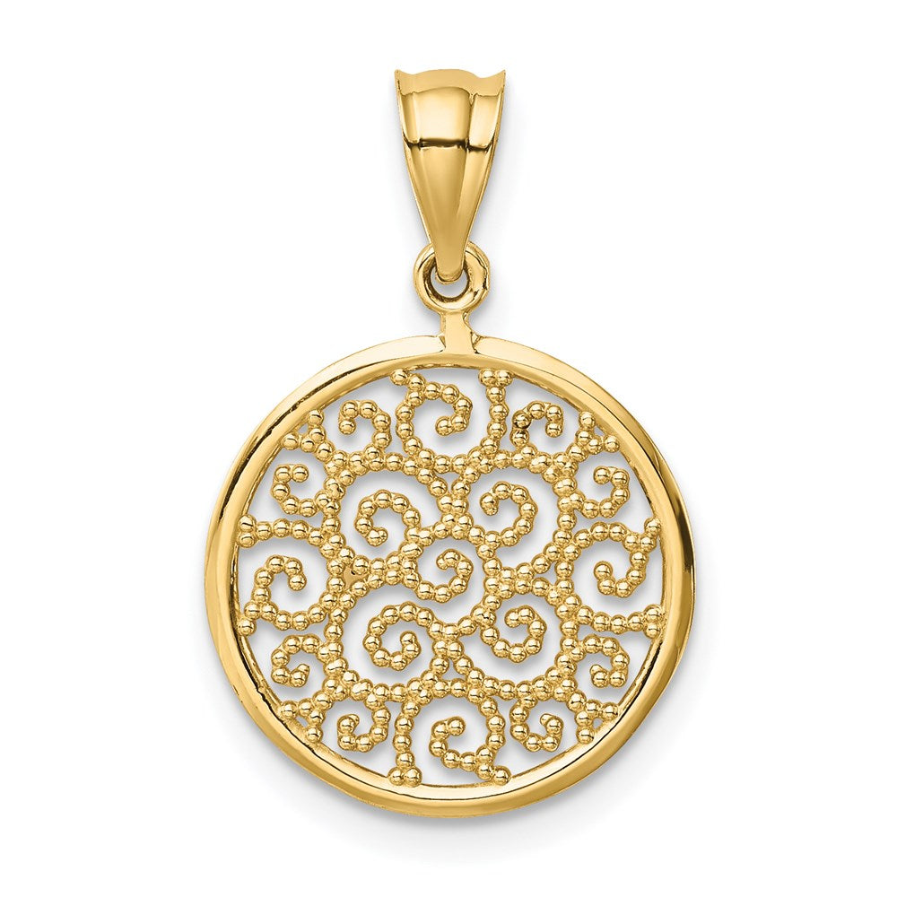 Alternate view of the 14k Yellow Gold Filigree Scroll Circle Pendant, 16mm (5/8 inch) by The Black Bow Jewelry Co.