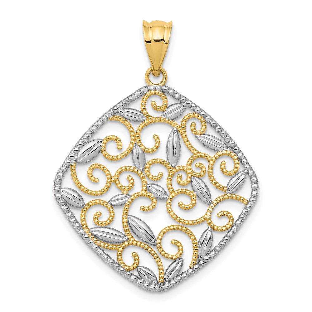 14k Yellow Gold & White Rhodium Vine Filigree Rhombus Pendant, 25mm, Item P26635 by The Black Bow Jewelry Co.