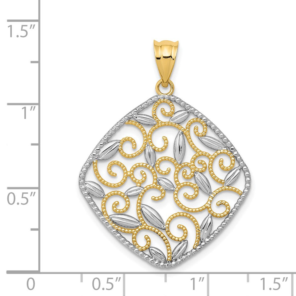 Alternate view of the 14k Yellow Gold & White Rhodium Vine Filigree Rhombus Pendant, 25mm by The Black Bow Jewelry Co.