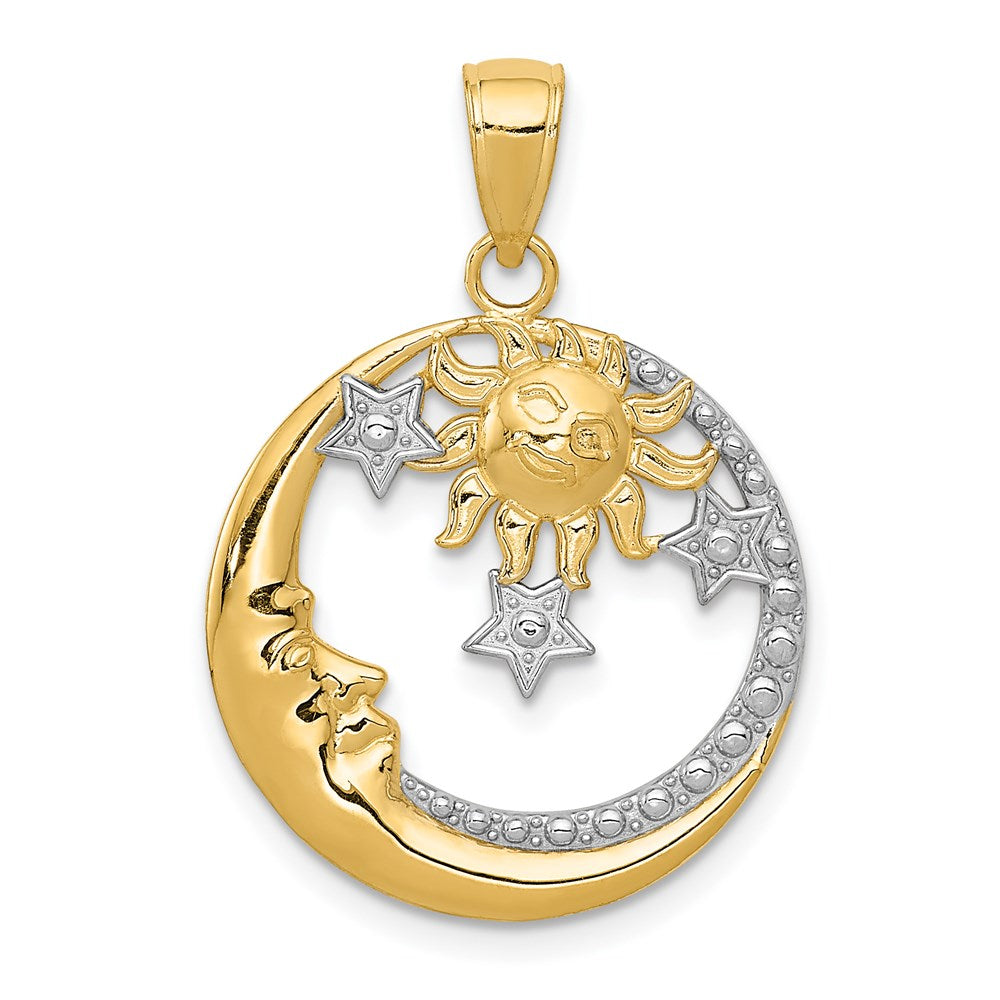 14k Yellow Gold & White Rhodium Round Celestial Pendant, 20mm (3/4 in), Item P26655 by The Black Bow Jewelry Co.
