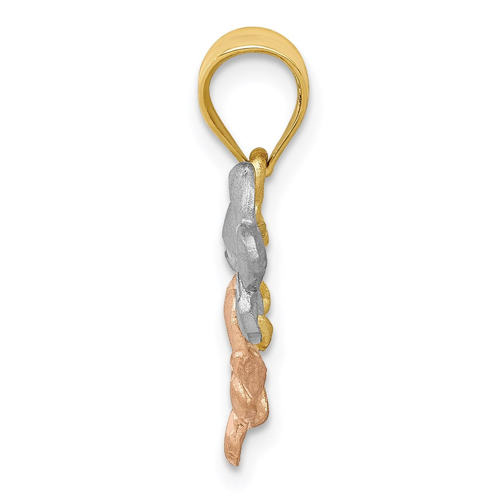 Alternate view of the 14k Tri-color Gold Satin Triple Plumeria Pendant, 15mm (9/16 inch) by The Black Bow Jewelry Co.