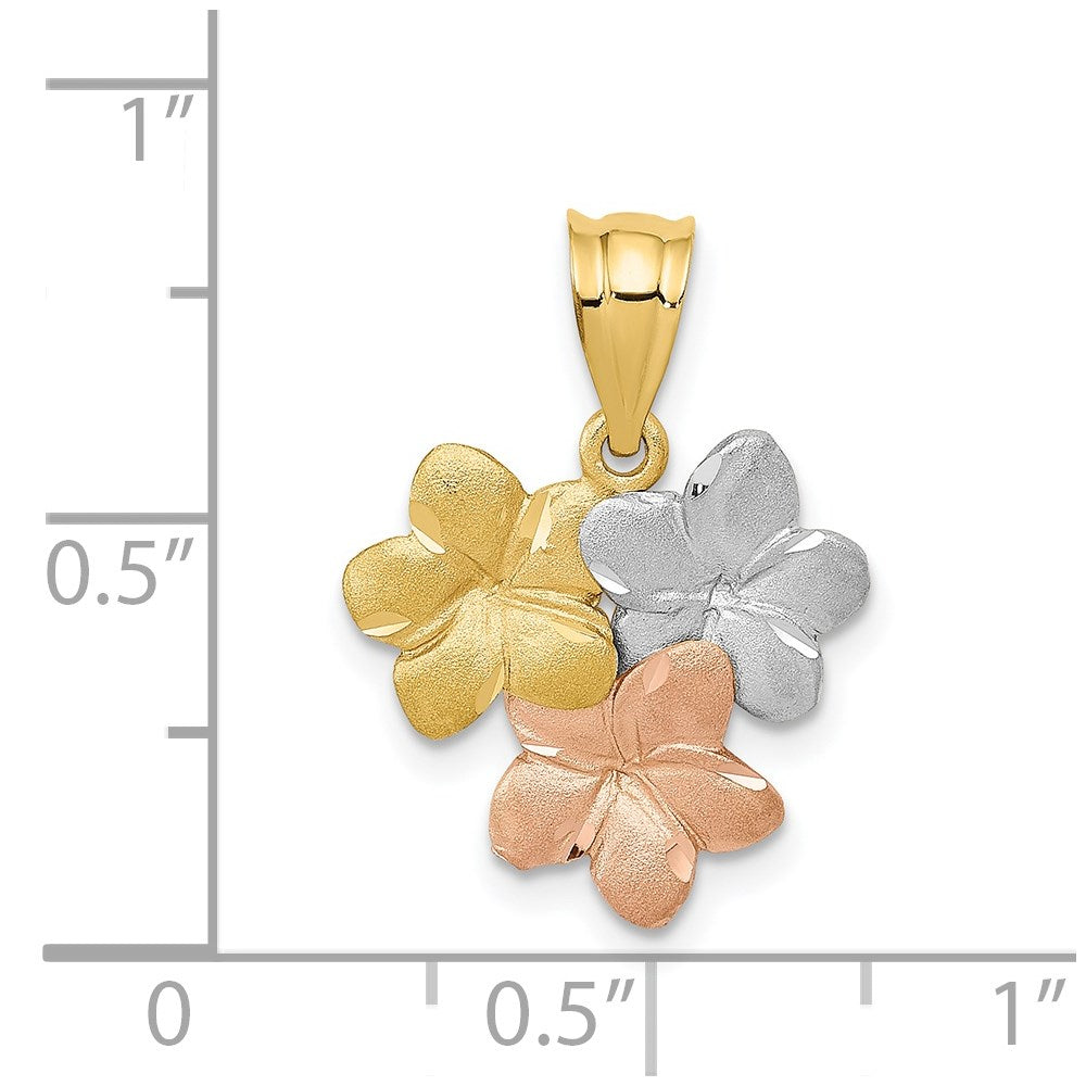 Alternate view of the 14k Tri-color Gold Satin Triple Plumeria Pendant, 15mm (9/16 inch) by The Black Bow Jewelry Co.