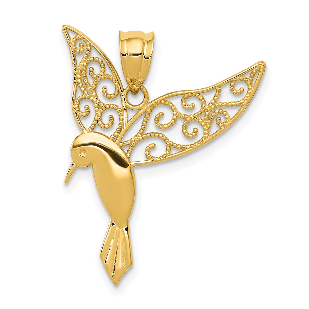 14k Yellow Gold Filigree Hummingbird Pendant, 20mm (3/4 inch), Item P26676 by The Black Bow Jewelry Co.