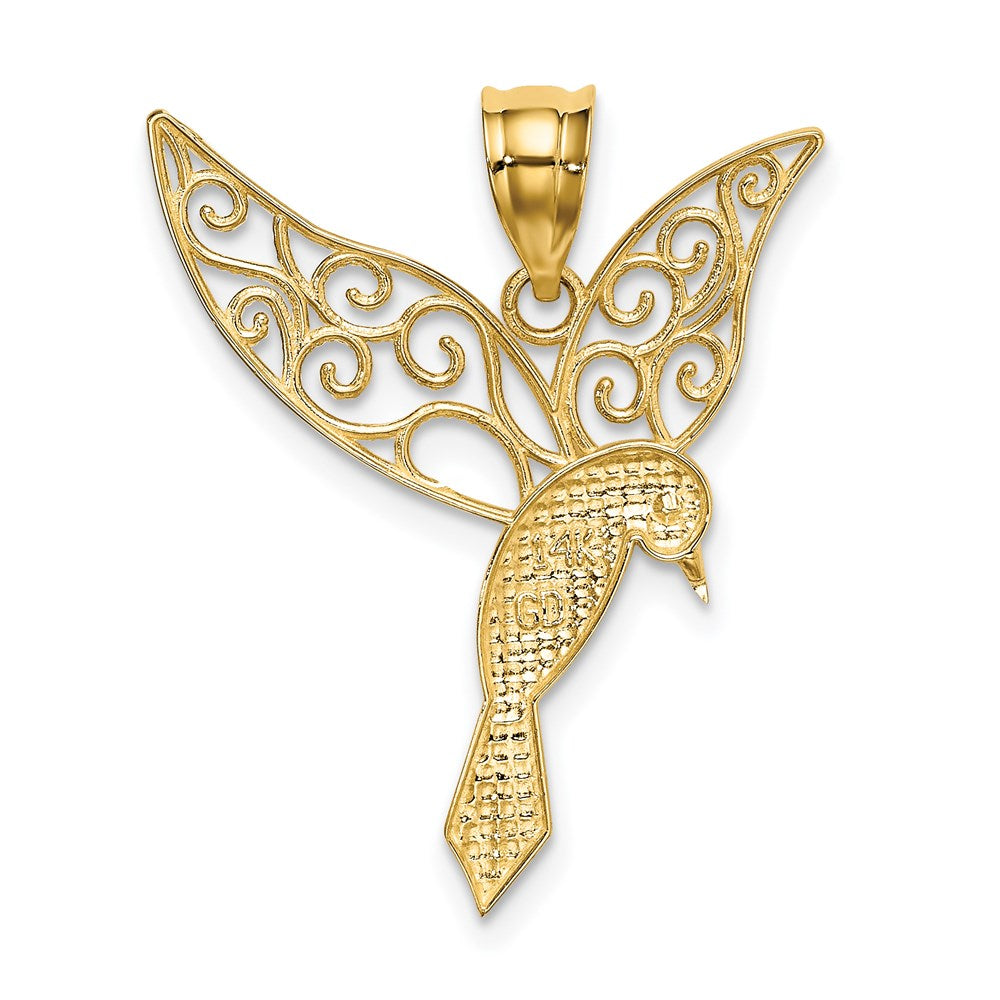 Alternate view of the 14k Yellow Gold Filigree Hummingbird Pendant, 20mm (3/4 inch) by The Black Bow Jewelry Co.