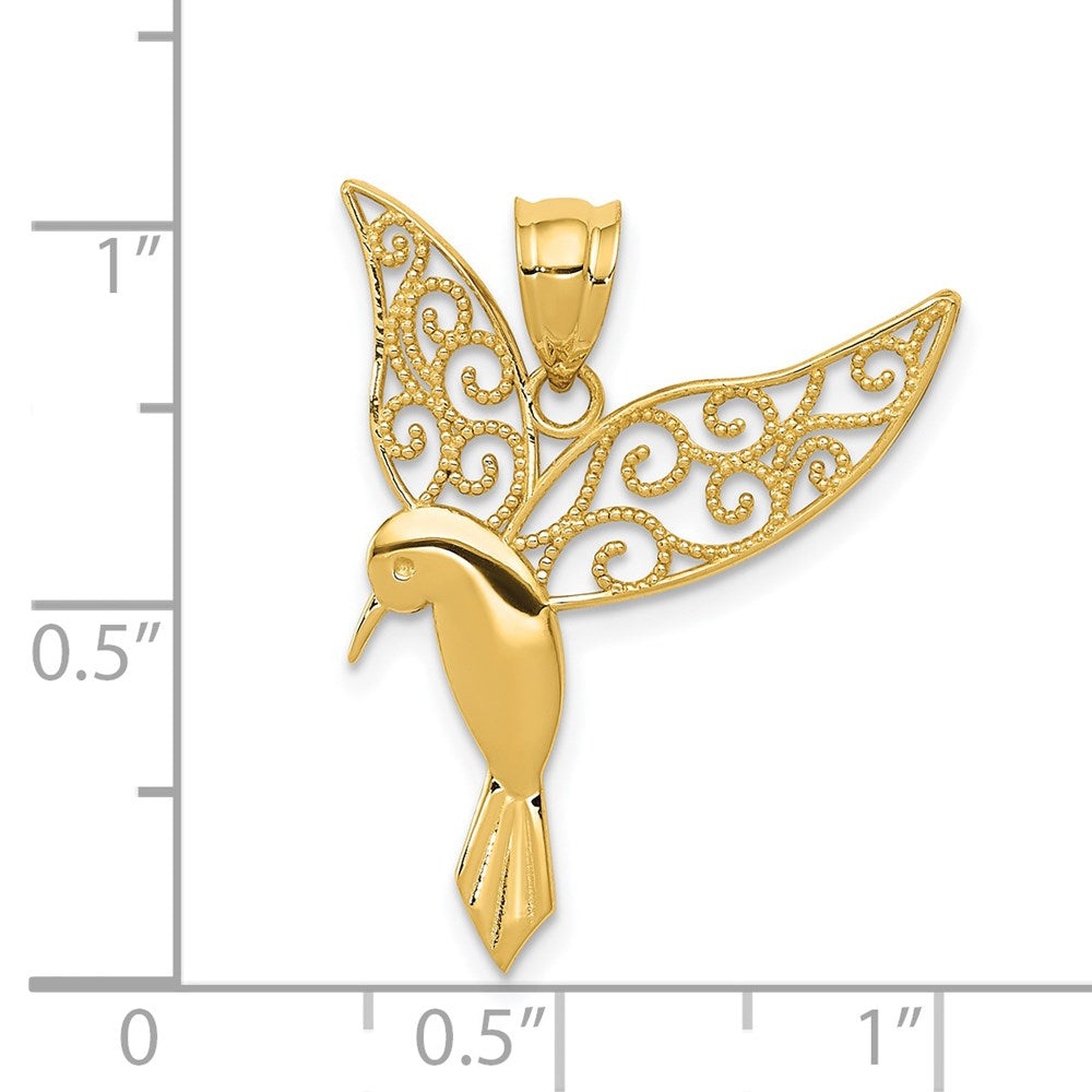 Alternate view of the 14k Yellow Gold Filigree Hummingbird Pendant, 20mm (3/4 inch) by The Black Bow Jewelry Co.