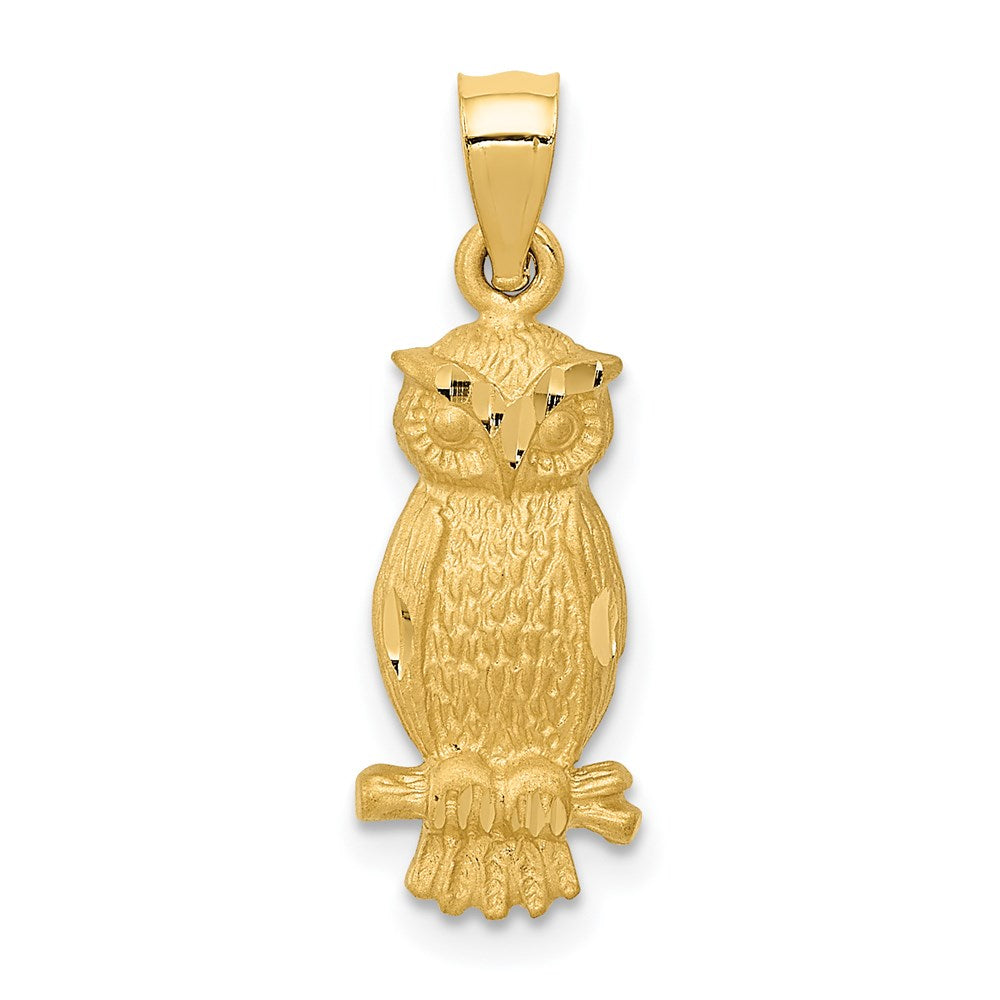 14k Yellow Gold Satin & Diamond Cut Owl Pendant, 8mm (5/16 inch), Item P26679 by The Black Bow Jewelry Co.