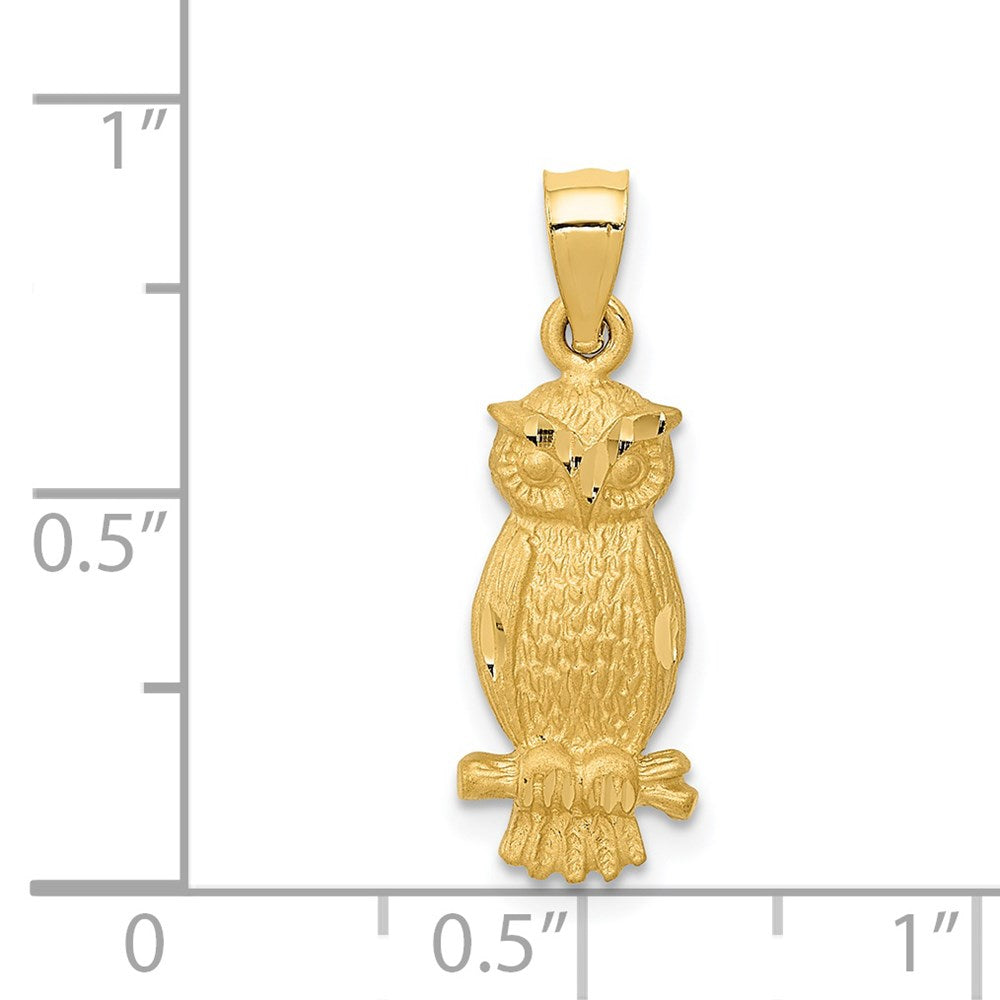 Alternate view of the 14k Yellow Gold Satin & Diamond Cut Owl Pendant, 8mm (5/16 inch) by The Black Bow Jewelry Co.