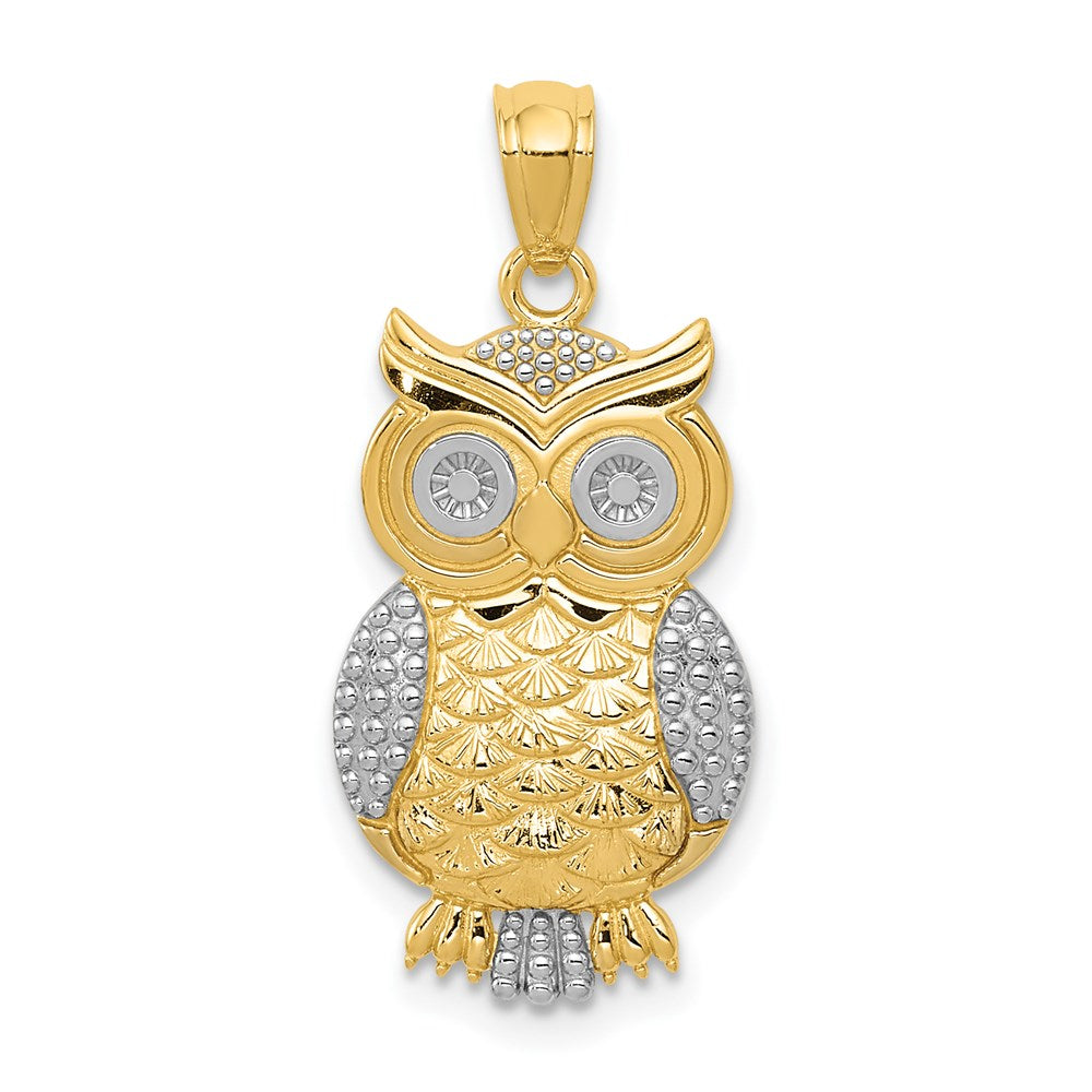 14k Yellow Gold and White Rhodium Owl Pendant, 12mm (7/16 inch), Item P26680 by The Black Bow Jewelry Co.