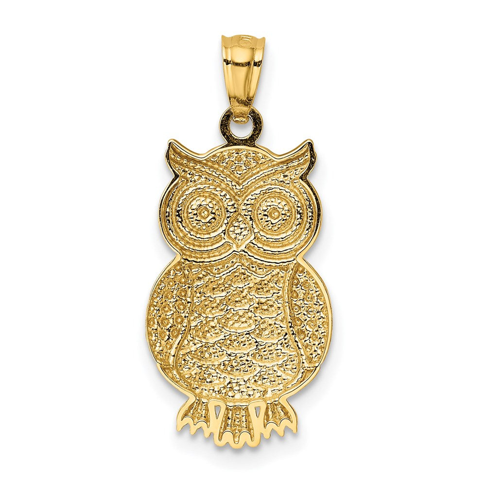 Alternate view of the 14k Yellow Gold and White Rhodium Owl Pendant, 12mm (7/16 inch) by The Black Bow Jewelry Co.