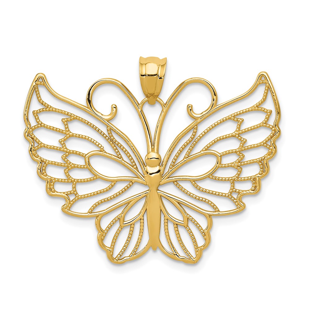 14k Yellow Gold Large Filigree Butterfly Pendant, 35mm (1 3/8 inch), Item P26701 by The Black Bow Jewelry Co.