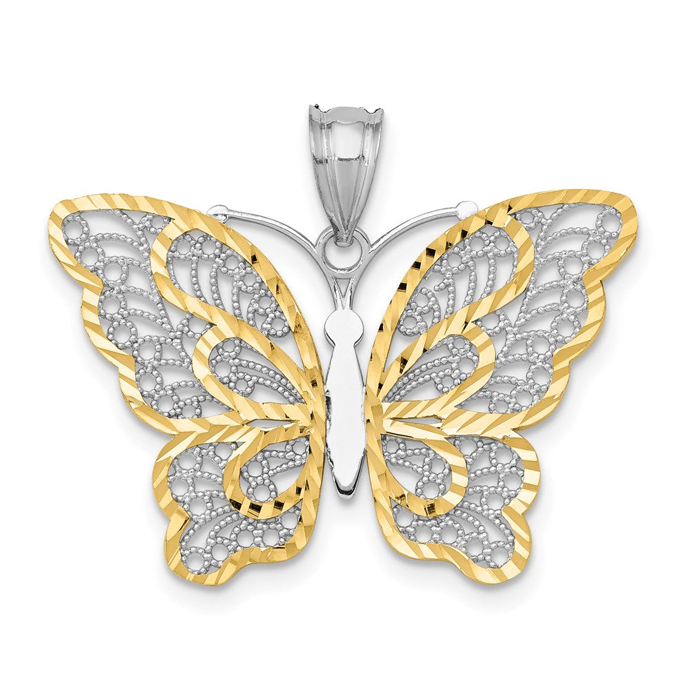 14k Yellow Gold & White Rhodium D/C Filigree Butterfly Pendant, 29mm, Item P26702 by The Black Bow Jewelry Co.