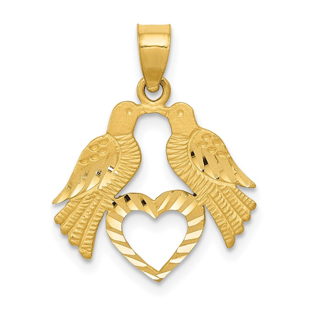 14k Yellow Gold Diamond Cut Love Birds & Heart Pendant, 17mm (5/8 in), Item P26711 by The Black Bow Jewelry Co.