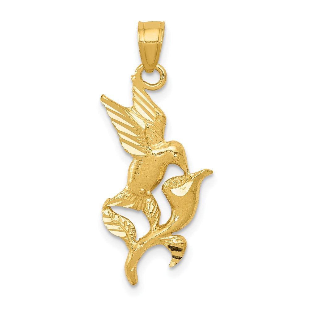 14k Yellow Gold 2D Hummingbird with Flower Pendant, 13mm (1/2 inch), Item P26712 by The Black Bow Jewelry Co.