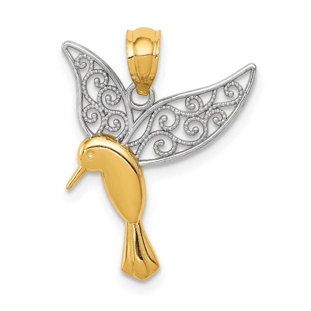 14k Yellow Gold & White Rhodium Filigree Hummingbird Pendant, 16mm, Item P26716 by The Black Bow Jewelry Co.