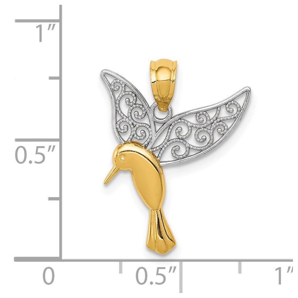 Alternate view of the 14k Yellow Gold & White Rhodium Filigree Hummingbird Pendant, 16mm by The Black Bow Jewelry Co.