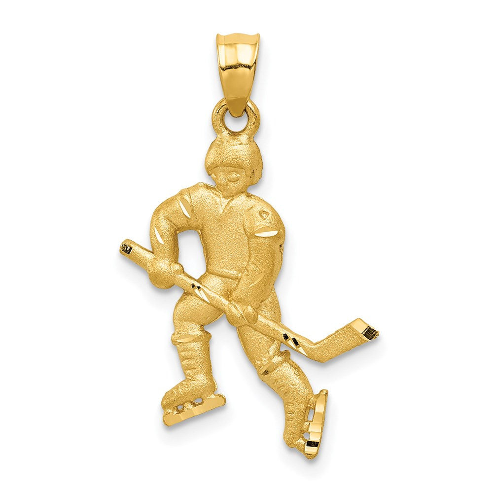 14k Yellow Gold Satin & Diamond Cut Hockey Player Pendant, 17mm, Item P26796 by The Black Bow Jewelry Co.