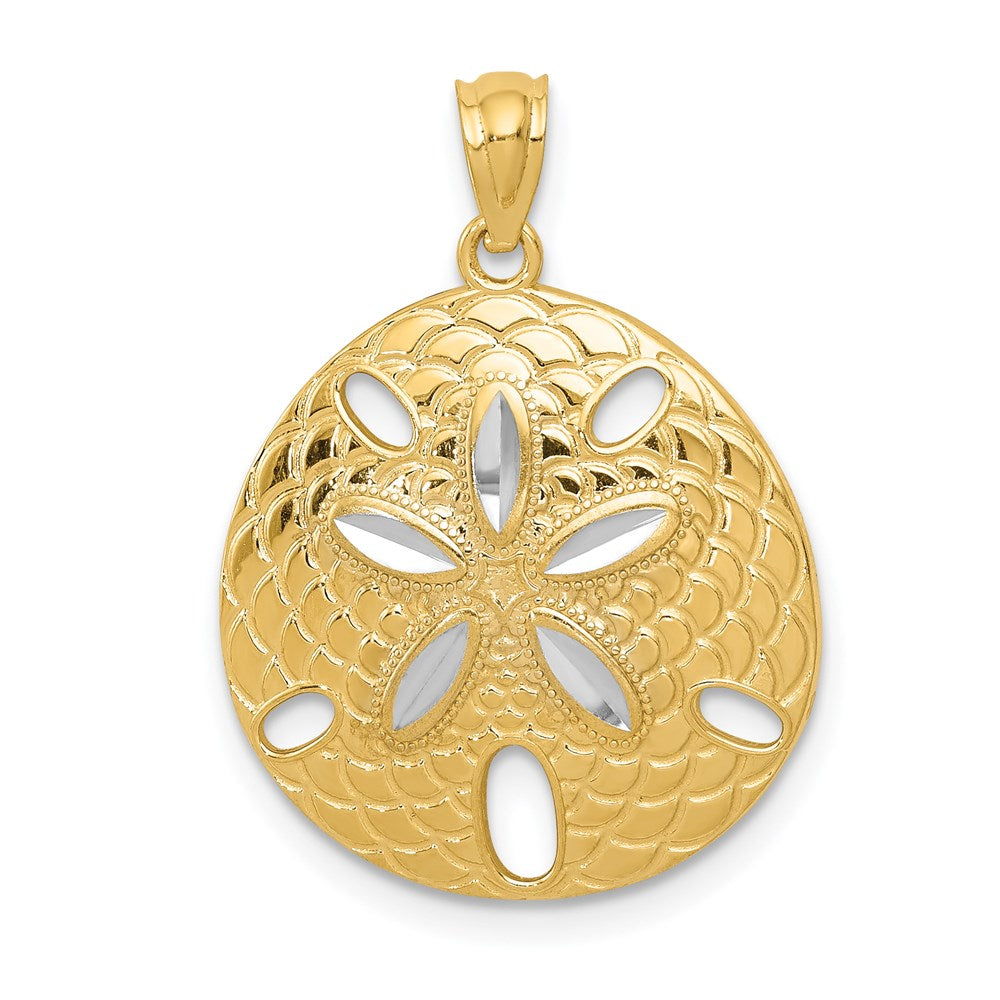 14k Yellow Gold and White Rhodium Sand Dollar Pendant, 19mm (3/4 Inch), Item P26817-19 by The Black Bow Jewelry Co.