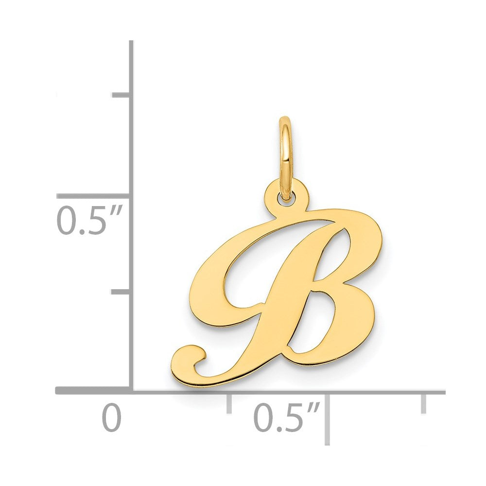 Alternate view of the 14k Yellow Gold, Ella Collection, Small Fancy Script Initial B Pendant by The Black Bow Jewelry Co.