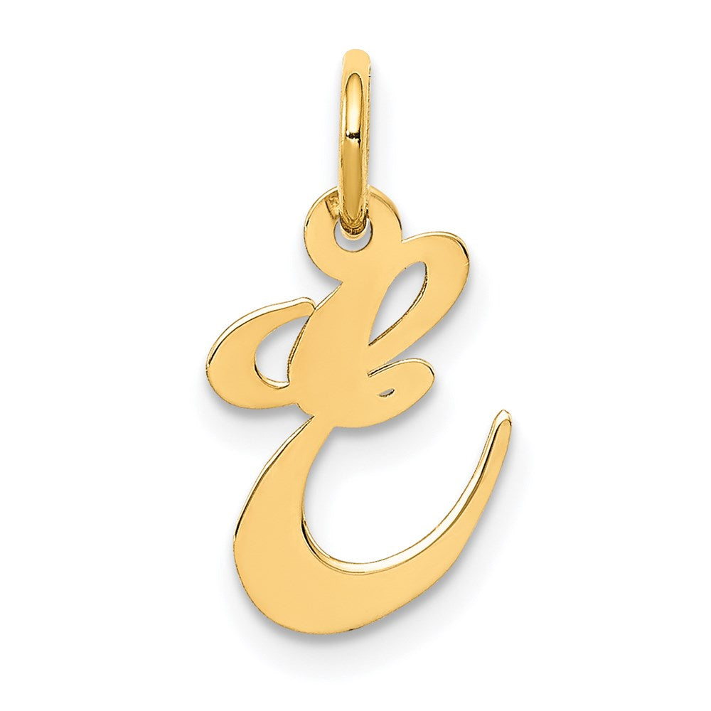 14k Yellow Gold, Ella Collection, Small Fancy Script Initial E Pendant, Item P26829-E by The Black Bow Jewelry Co.