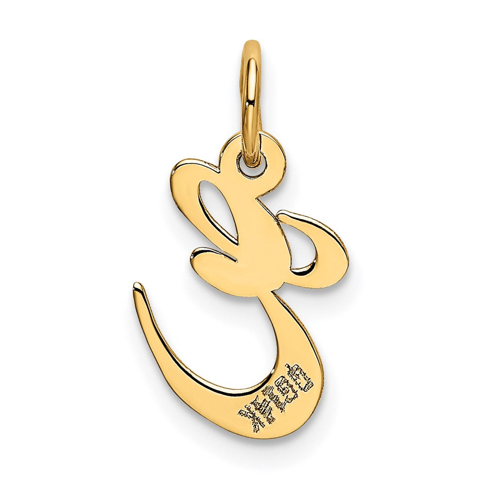 Alternate view of the 14k Yellow Gold, Ella Collection, Small Fancy Script Initial E Pendant by The Black Bow Jewelry Co.