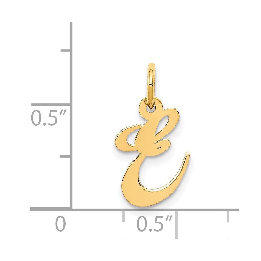 Alternate view of the 14k Yellow Gold, Ella Collection, Small Fancy Script Initial E Pendant by The Black Bow Jewelry Co.