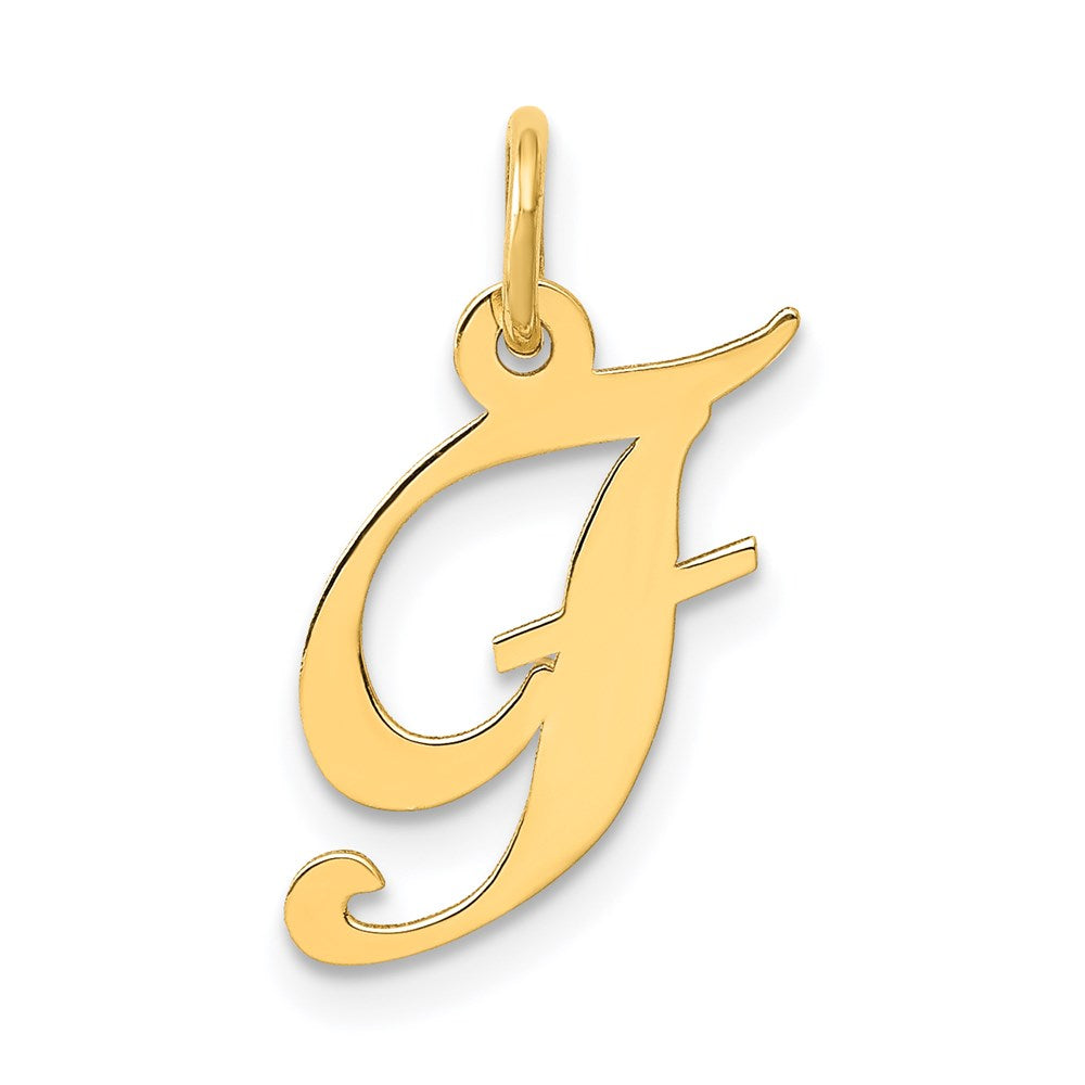 14k Yellow Gold, Ella Collection, Small Fancy Script Initial F Pendant, Item P26829-F by The Black Bow Jewelry Co.