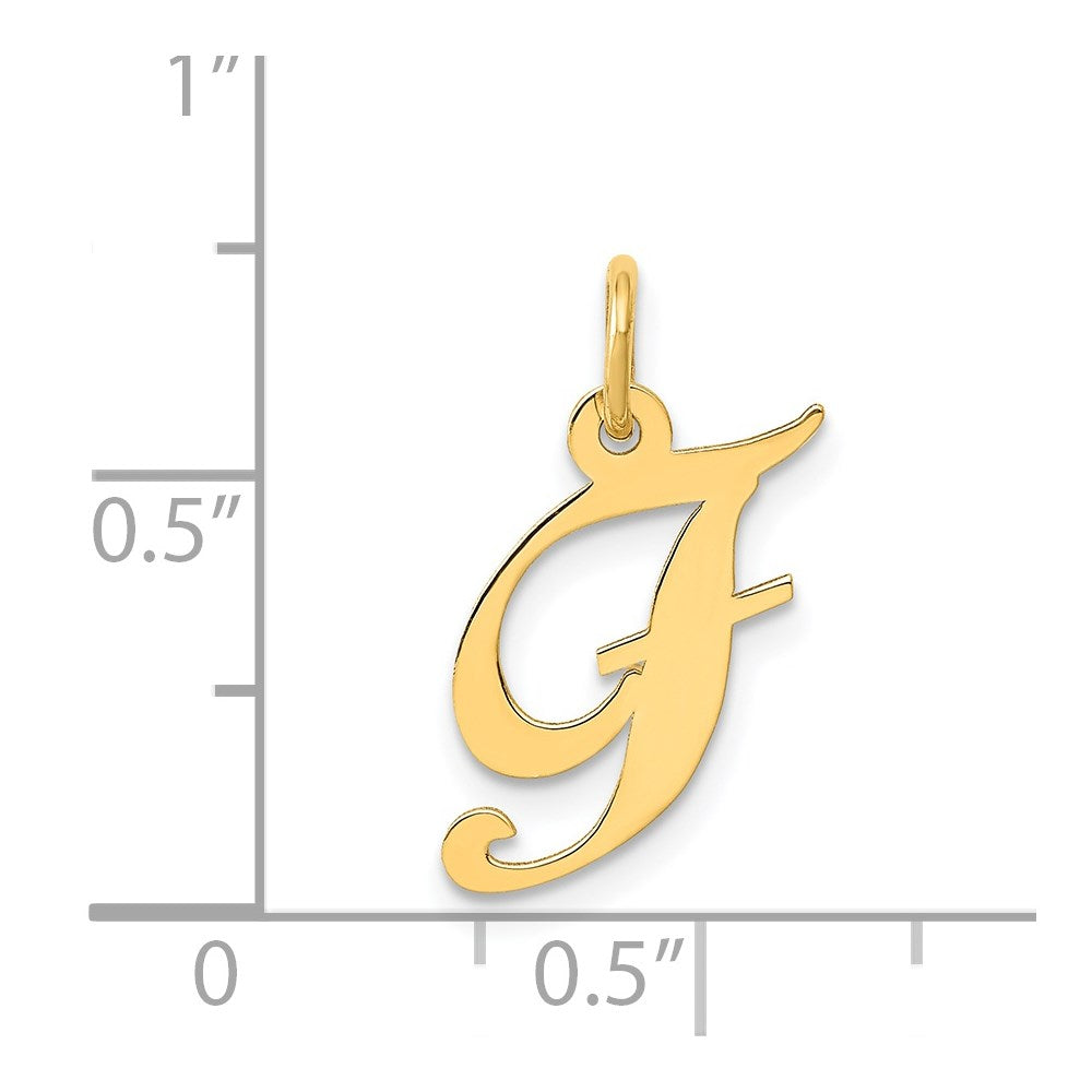 Alternate view of the 14k Yellow Gold, Ella Collection, Small Fancy Script Initial F Pendant by The Black Bow Jewelry Co.