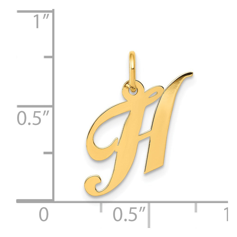 Alternate view of the 14k Yellow Gold, Ella Collection, Small Fancy Script Initial H Pendant by The Black Bow Jewelry Co.