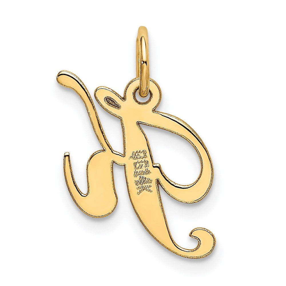 Alternate view of the 14k Yellow Gold, Ella Collection, Small Fancy Script Initial K Pendant by The Black Bow Jewelry Co.