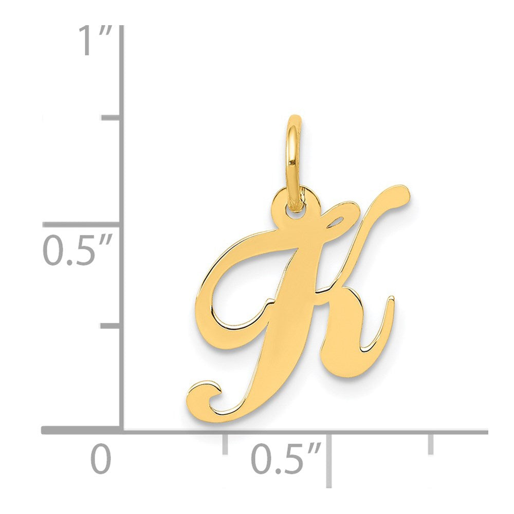 Alternate view of the 14k Yellow Gold, Ella Collection, Small Fancy Script Initial K Pendant by The Black Bow Jewelry Co.