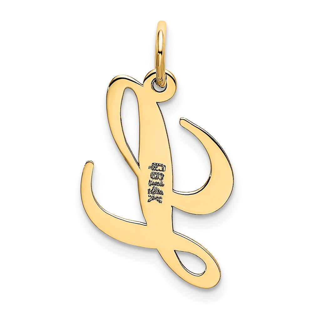 Alternate view of the 14k Yellow Gold, Ella Collection, Small Fancy Script Initial L Pendant by The Black Bow Jewelry Co.
