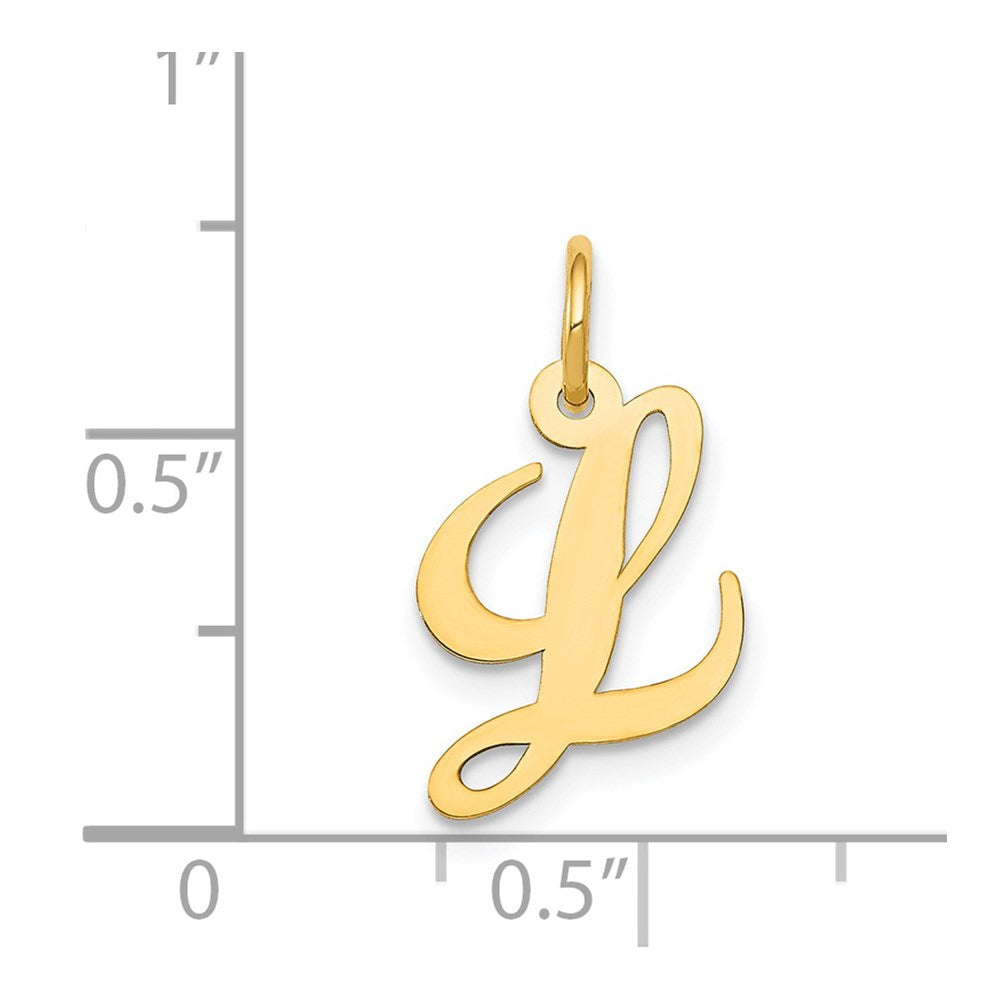 Alternate view of the 14k Yellow Gold, Ella Collection, Small Fancy Script Initial L Pendant by The Black Bow Jewelry Co.