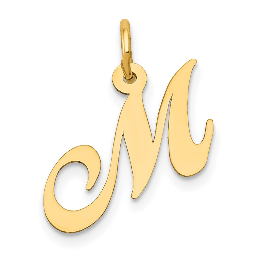 14k Yellow Gold, Ella Collection, Small Fancy Script Initial M Pendant, Item P26829-M by The Black Bow Jewelry Co.