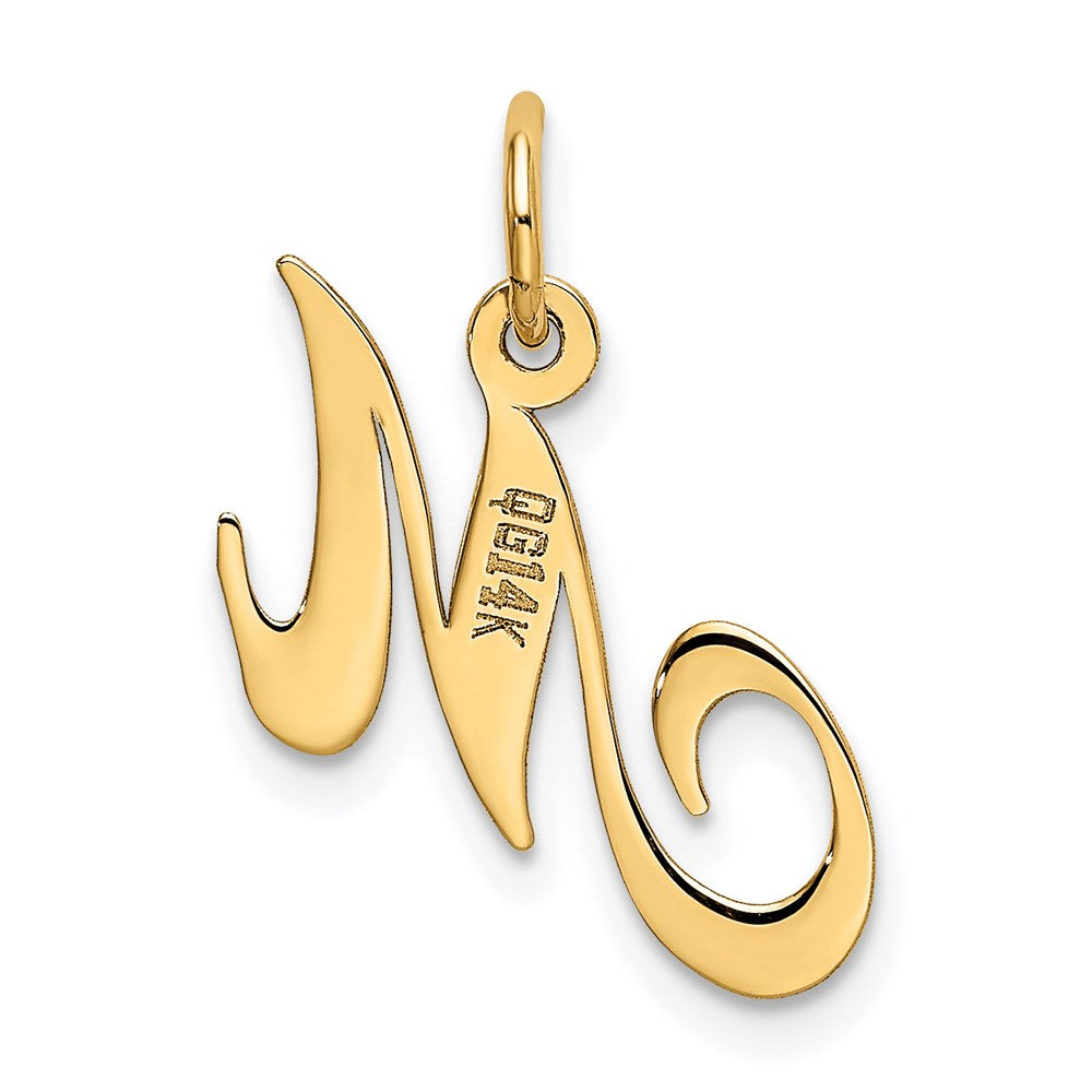 Alternate view of the 14k Yellow Gold, Ella Collection, Small Fancy Script Initial M Pendant by The Black Bow Jewelry Co.