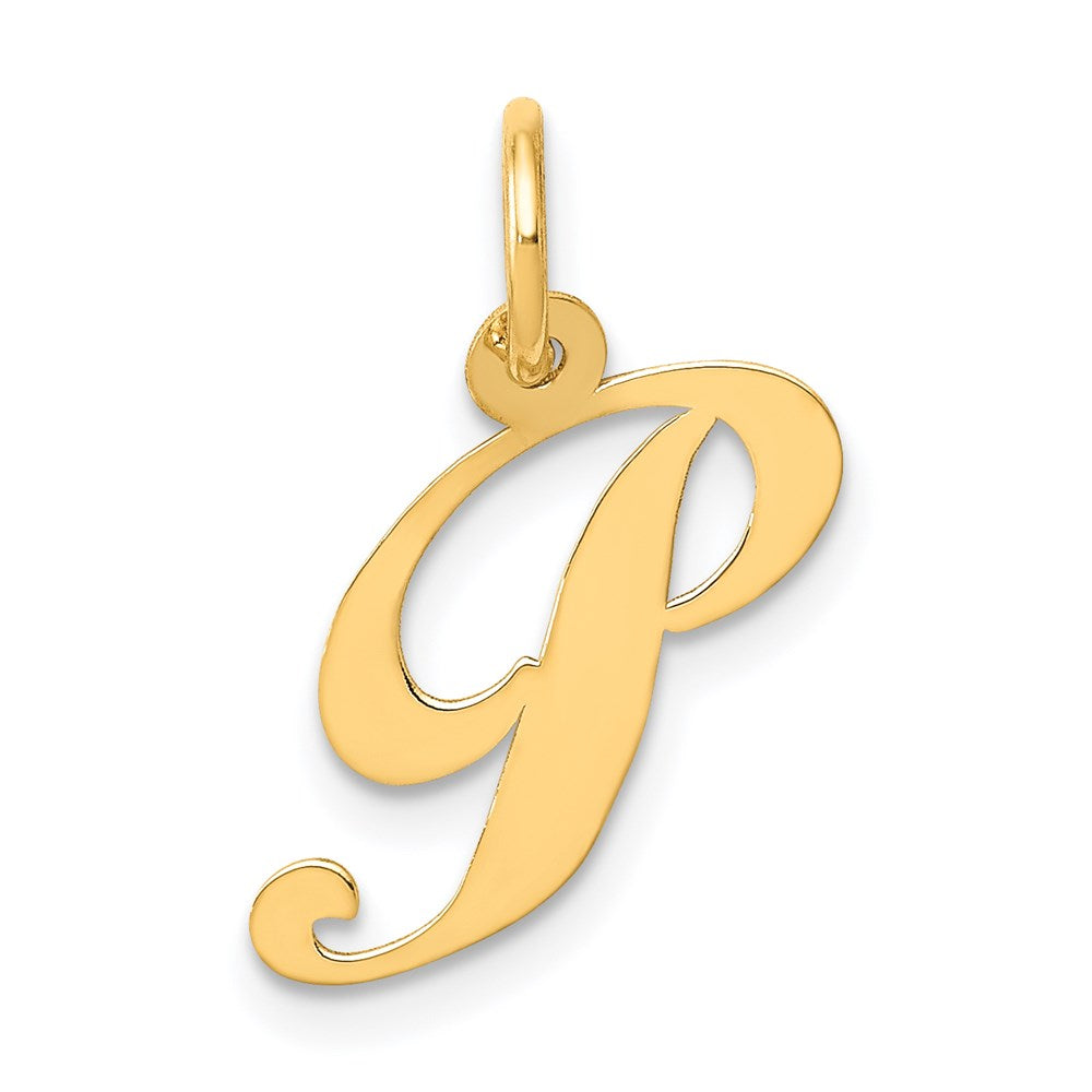 14k Yellow Gold, Ella Collection, Small Fancy Script Initial P Pendant, Item P26829-P by The Black Bow Jewelry Co.