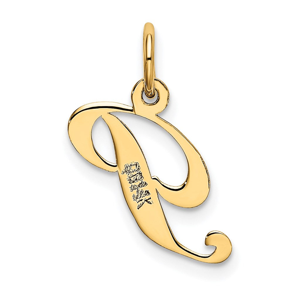 Alternate view of the 14k Yellow Gold, Ella Collection, Small Fancy Script Initial P Pendant by The Black Bow Jewelry Co.