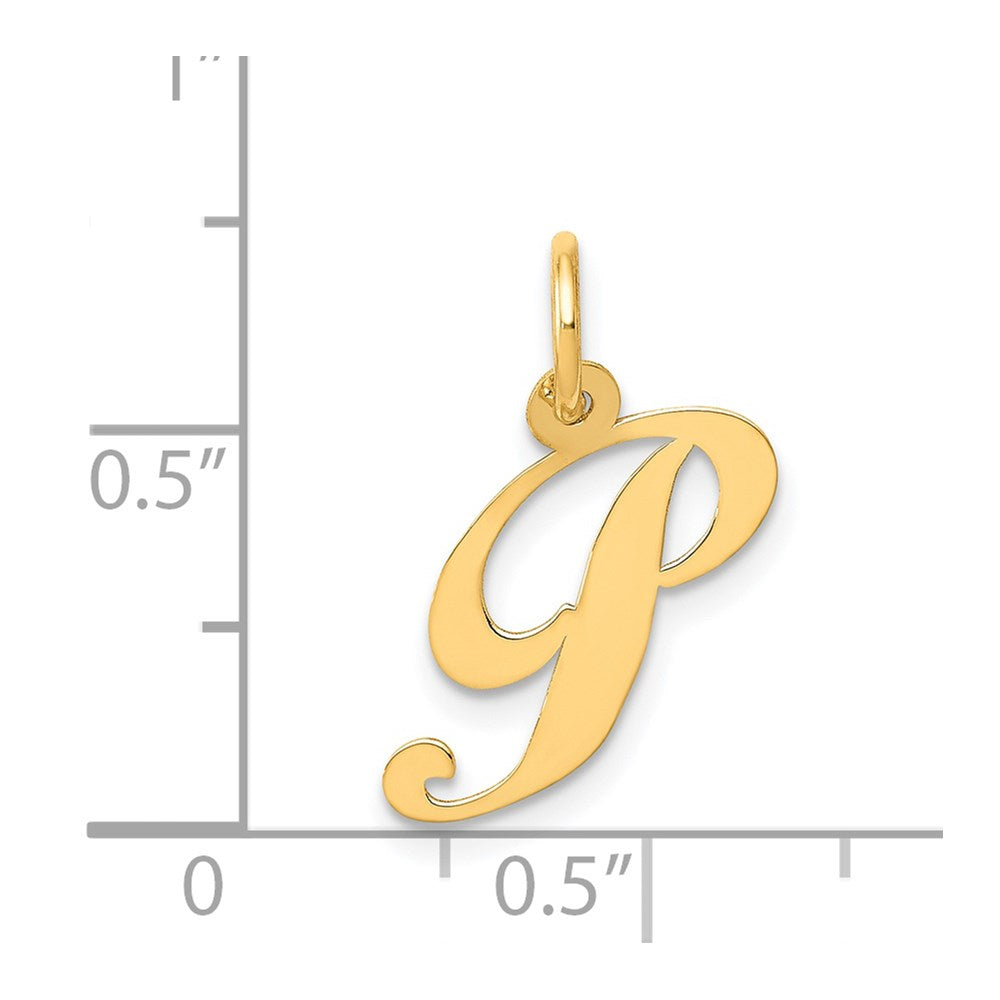 Alternate view of the 14k Yellow Gold, Ella Collection, Small Fancy Script Initial P Pendant by The Black Bow Jewelry Co.