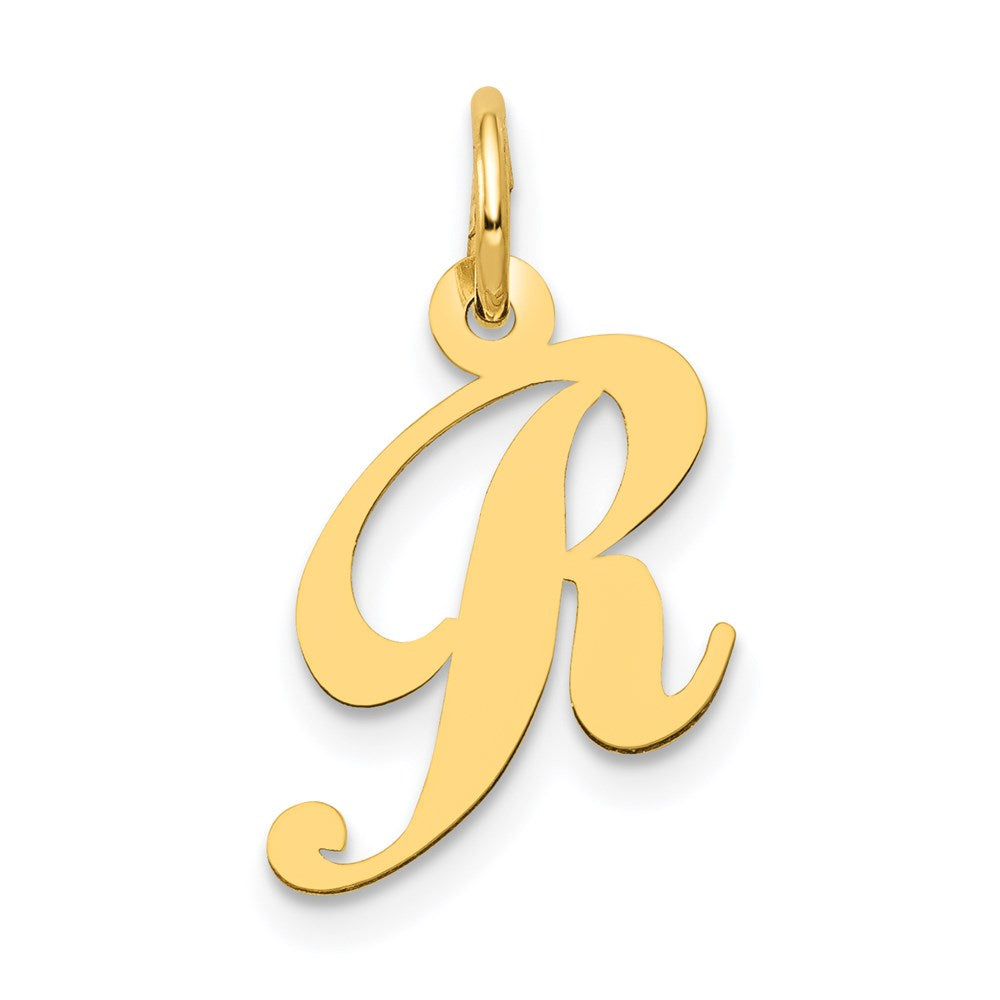 14k Yellow Gold, Ella Collection, Small Fancy Script Initial R Pendant, Item P26829-R by The Black Bow Jewelry Co.