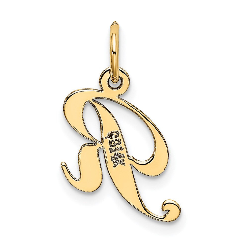 Alternate view of the 14k Yellow Gold, Ella Collection, Small Fancy Script Initial R Pendant by The Black Bow Jewelry Co.