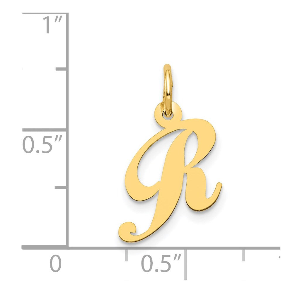 Alternate view of the 14k Yellow Gold, Ella Collection, Small Fancy Script Initial R Pendant by The Black Bow Jewelry Co.