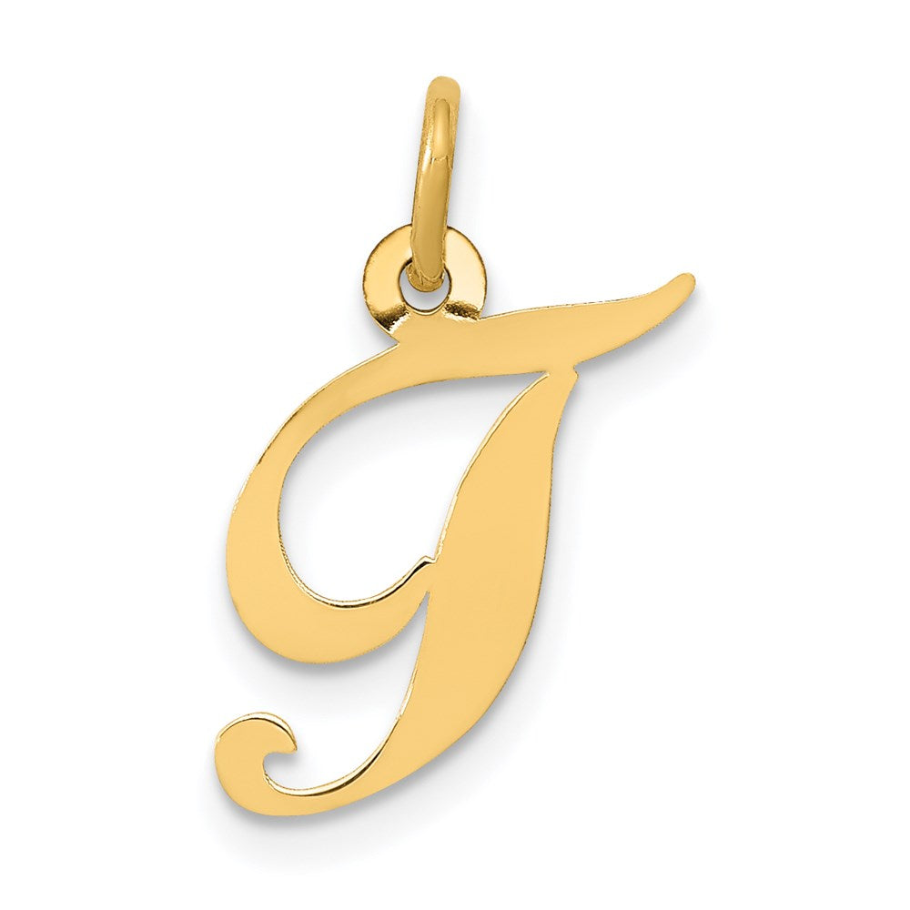 14k Yellow Gold, Ella Collection, Small Fancy Script Initial T Pendant, Item P26829-T by The Black Bow Jewelry Co.
