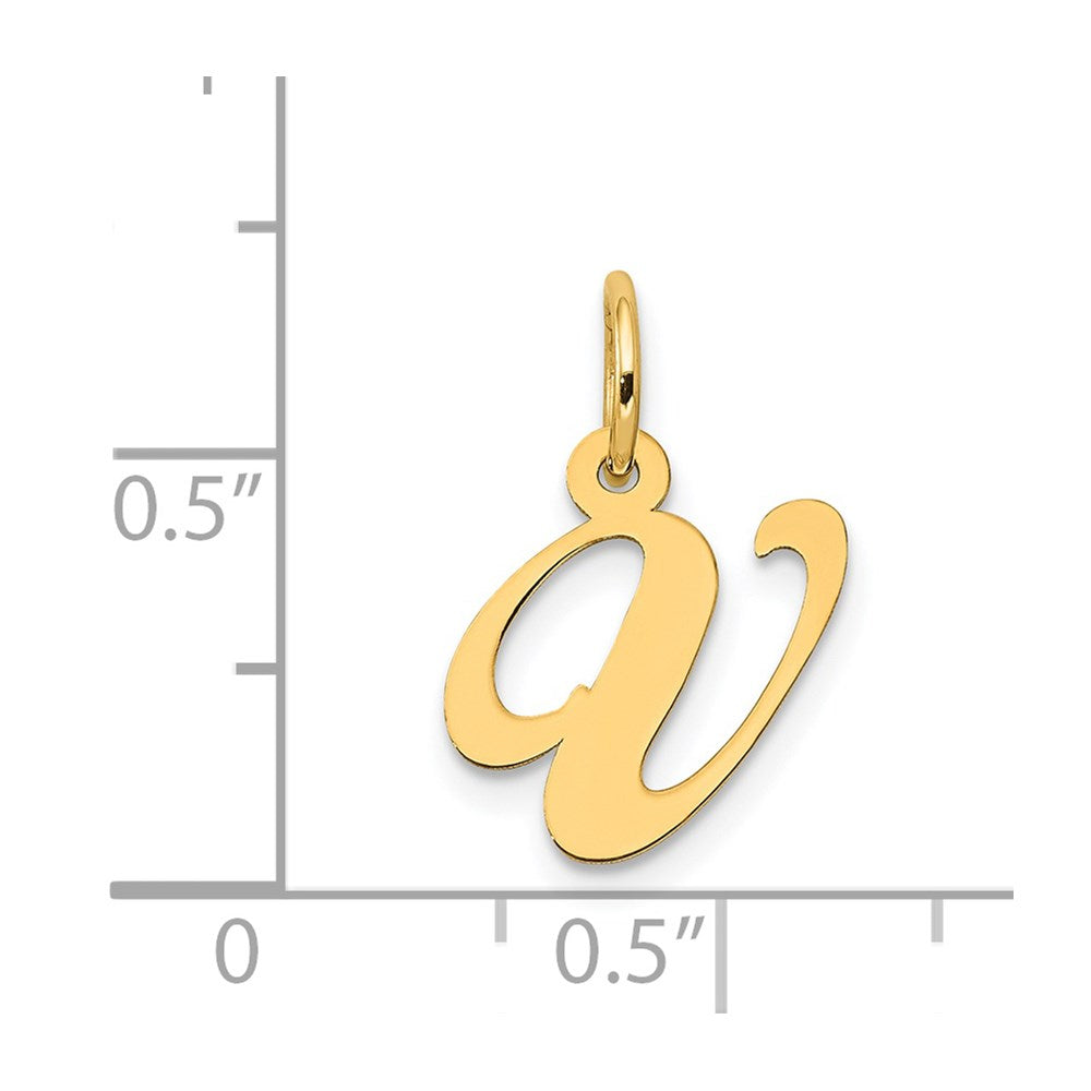 Alternate view of the 14k Yellow Gold, Ella Collection, Small Fancy Script Initial V Pendant by The Black Bow Jewelry Co.