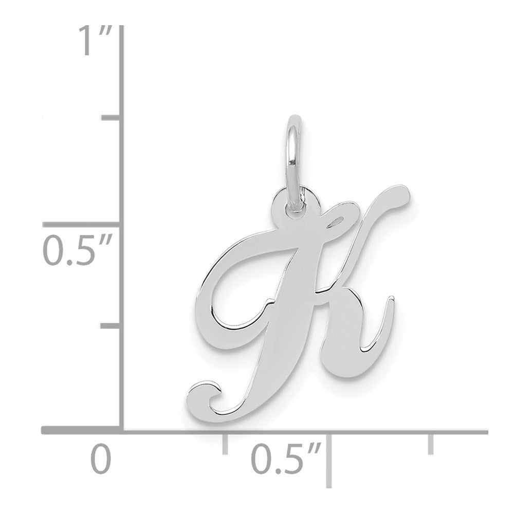 Alternate view of the 14k White Gold, Ella Collection, Small Fancy Script Initial K Pendant by The Black Bow Jewelry Co.