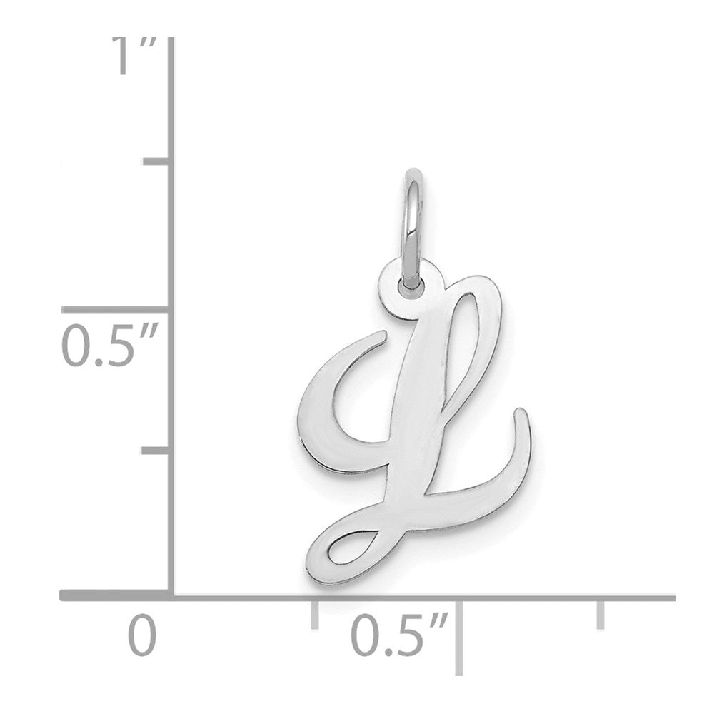 Alternate view of the 14k White Gold, Ella Collection, Small Fancy Script Initial L Pendant by The Black Bow Jewelry Co.