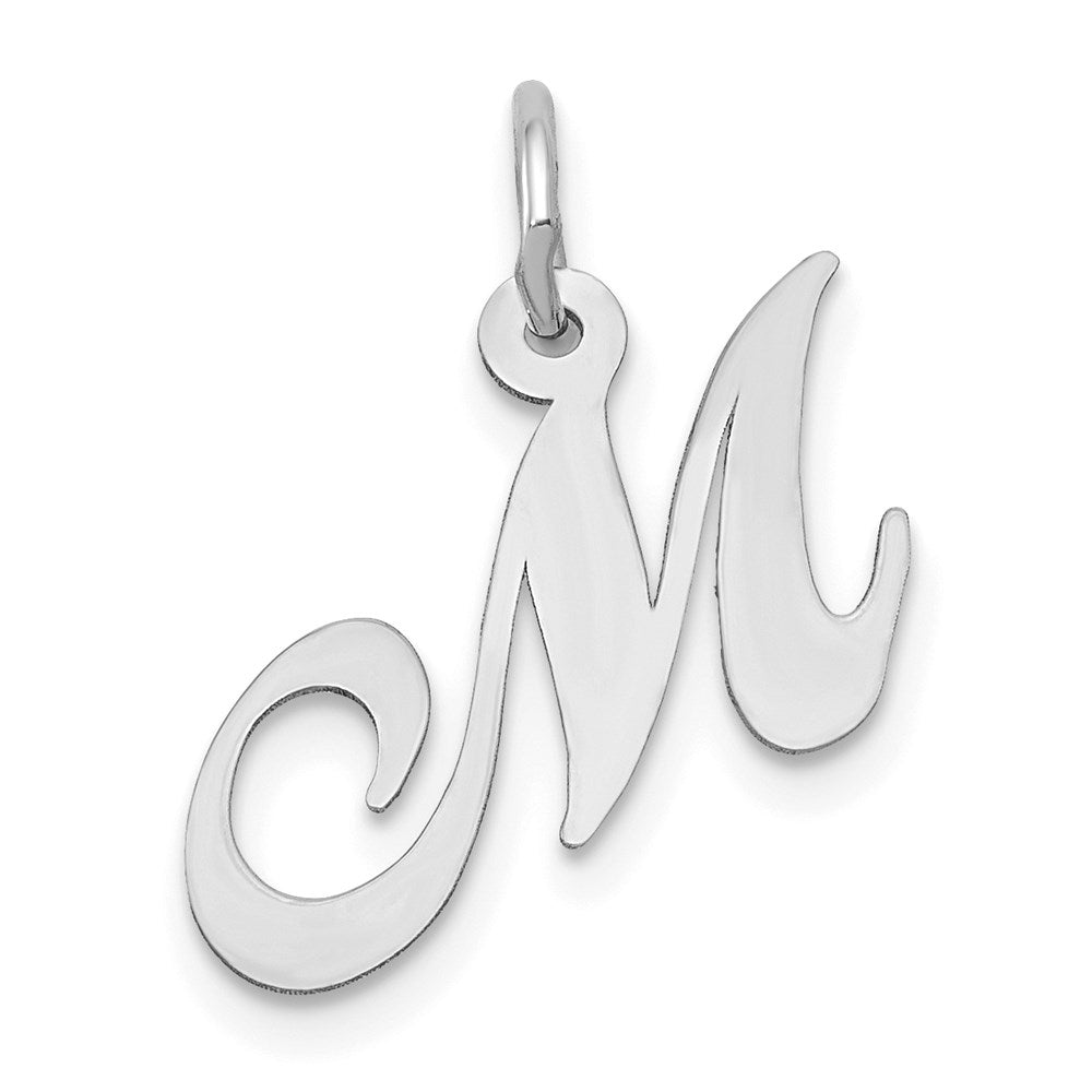14k White Gold, Ella Collection, Small Fancy Script Initial M Pendant, Item P26830-M by The Black Bow Jewelry Co.