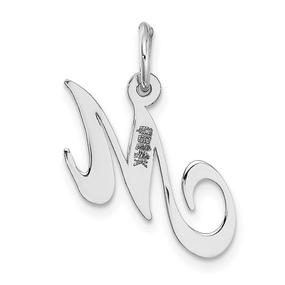 Alternate view of the 14k White Gold, Ella Collection, Small Fancy Script Initial M Pendant by The Black Bow Jewelry Co.