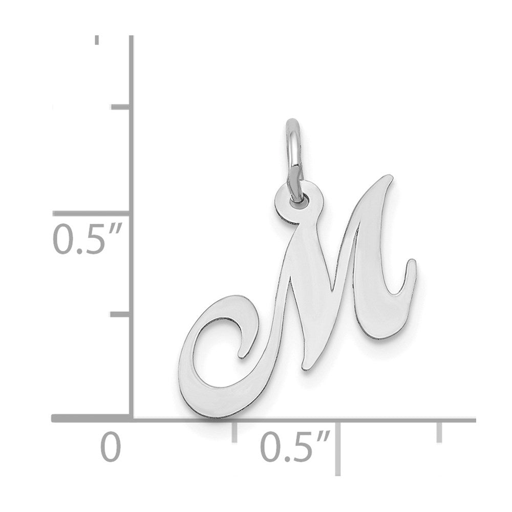 Alternate view of the 14k White Gold, Ella Collection, Small Fancy Script Initial M Pendant by The Black Bow Jewelry Co.