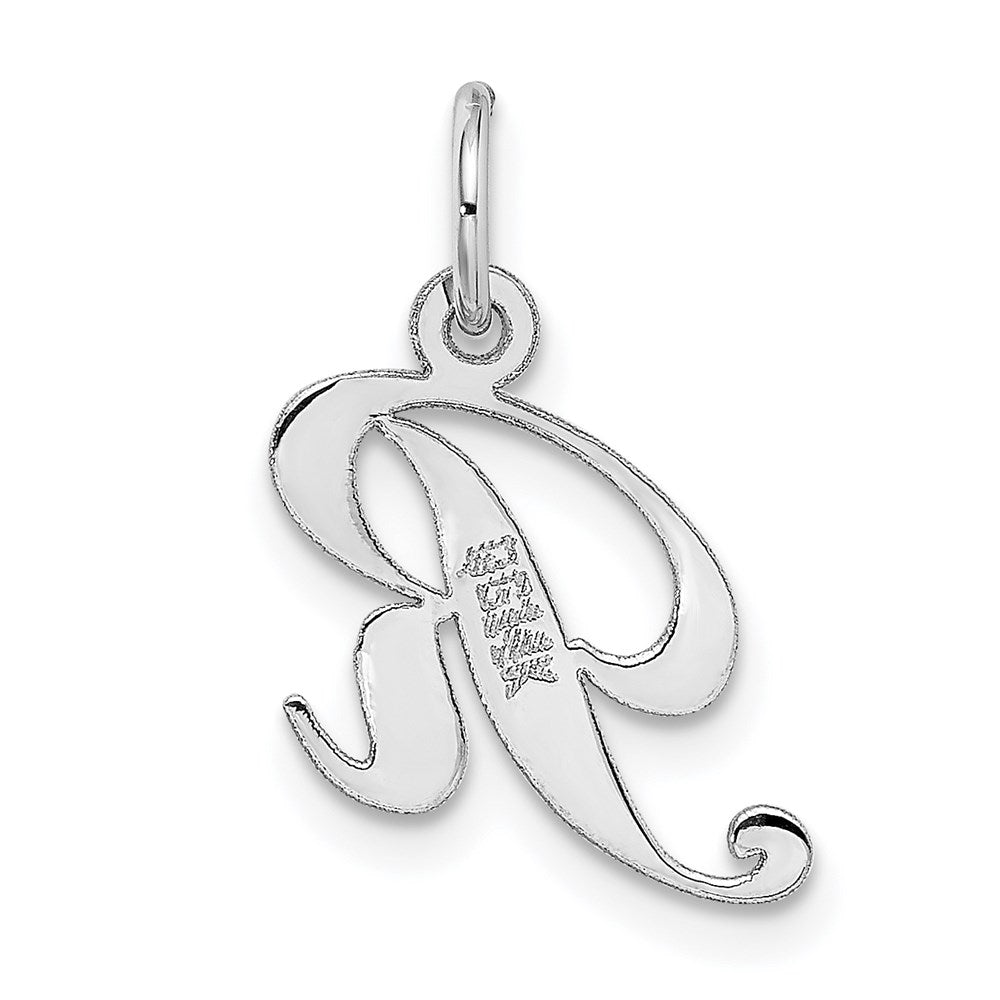 Alternate view of the 14k White Gold, Ella Collection, Small Fancy Script Initial R Pendant by The Black Bow Jewelry Co.