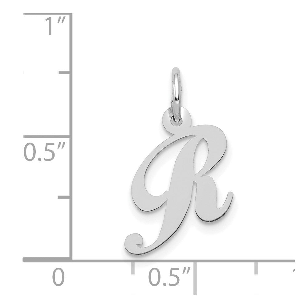 Alternate view of the 14k White Gold, Ella Collection, Small Fancy Script Initial R Pendant by The Black Bow Jewelry Co.