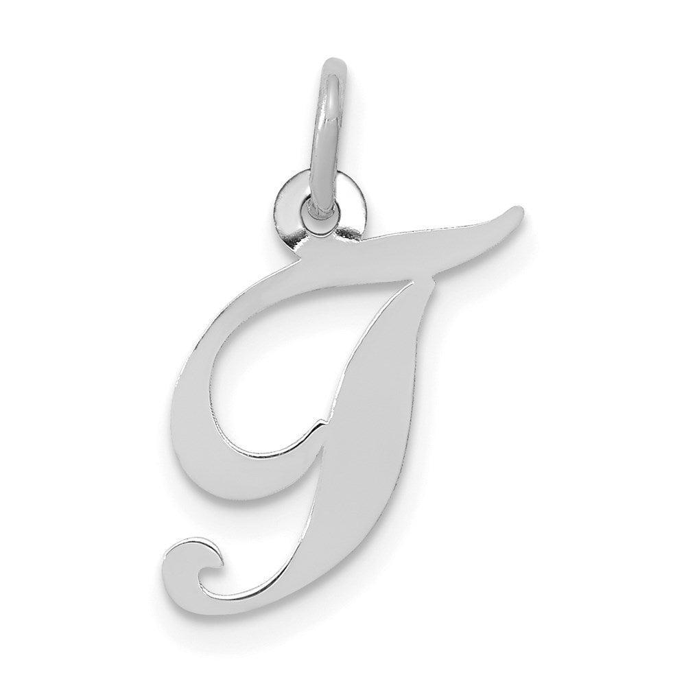 14k White Gold, Ella Collection, Small Fancy Script Initial T Pendant, Item P26830-T by The Black Bow Jewelry Co.